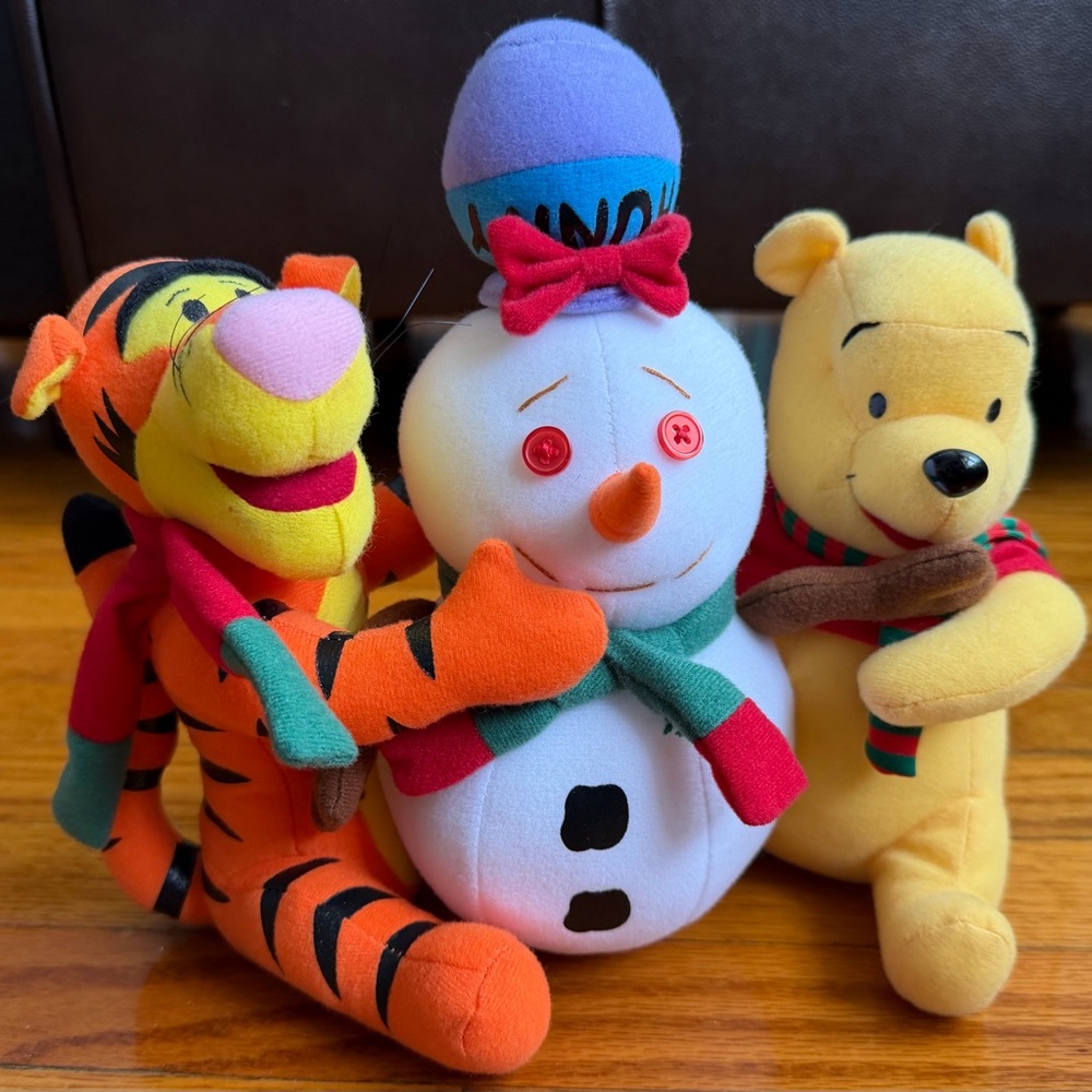 Vintage Tigger, Snowman, and Winnie the Pooh Plush Trio